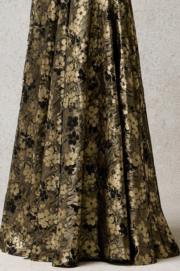 Strapless Bateau Neckline Jacquard Print Dress Black and Gold