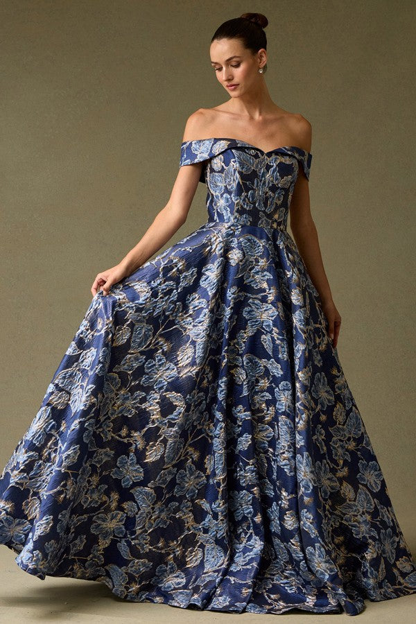 Off Shoulder Sweetheart Neckline A Line Jacquard Dress Navy Blue