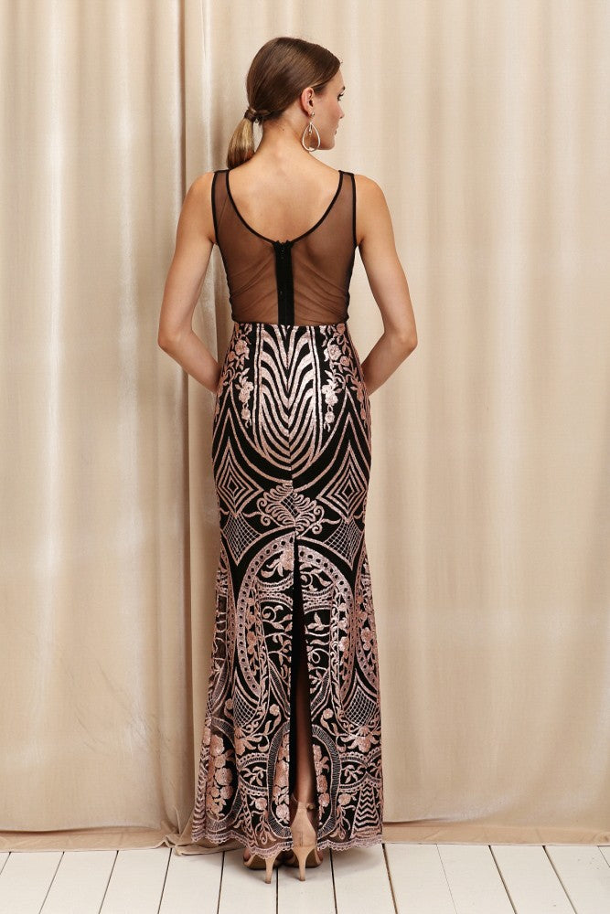 FULL BODY SEQUINS PARTY DRESS, UNIQUE DESIGN WITH LACE BACK AND BACK SLIT
