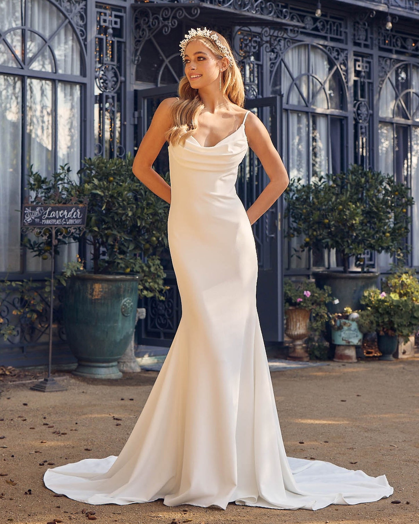 SPAGHETTI STRAPLESS COWL NECLINE WITH SLIT WEDDING GOWN JE954NARI