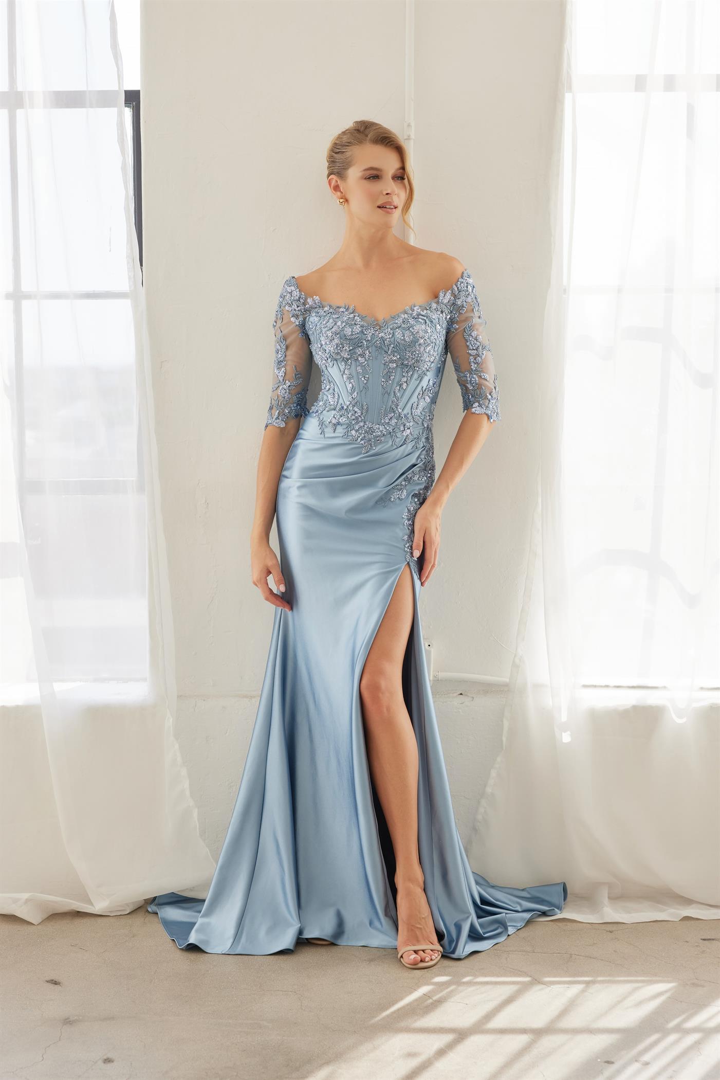SCOOP NECKLINE AND BACK EMBROIDERED BONED WAISTLINE
