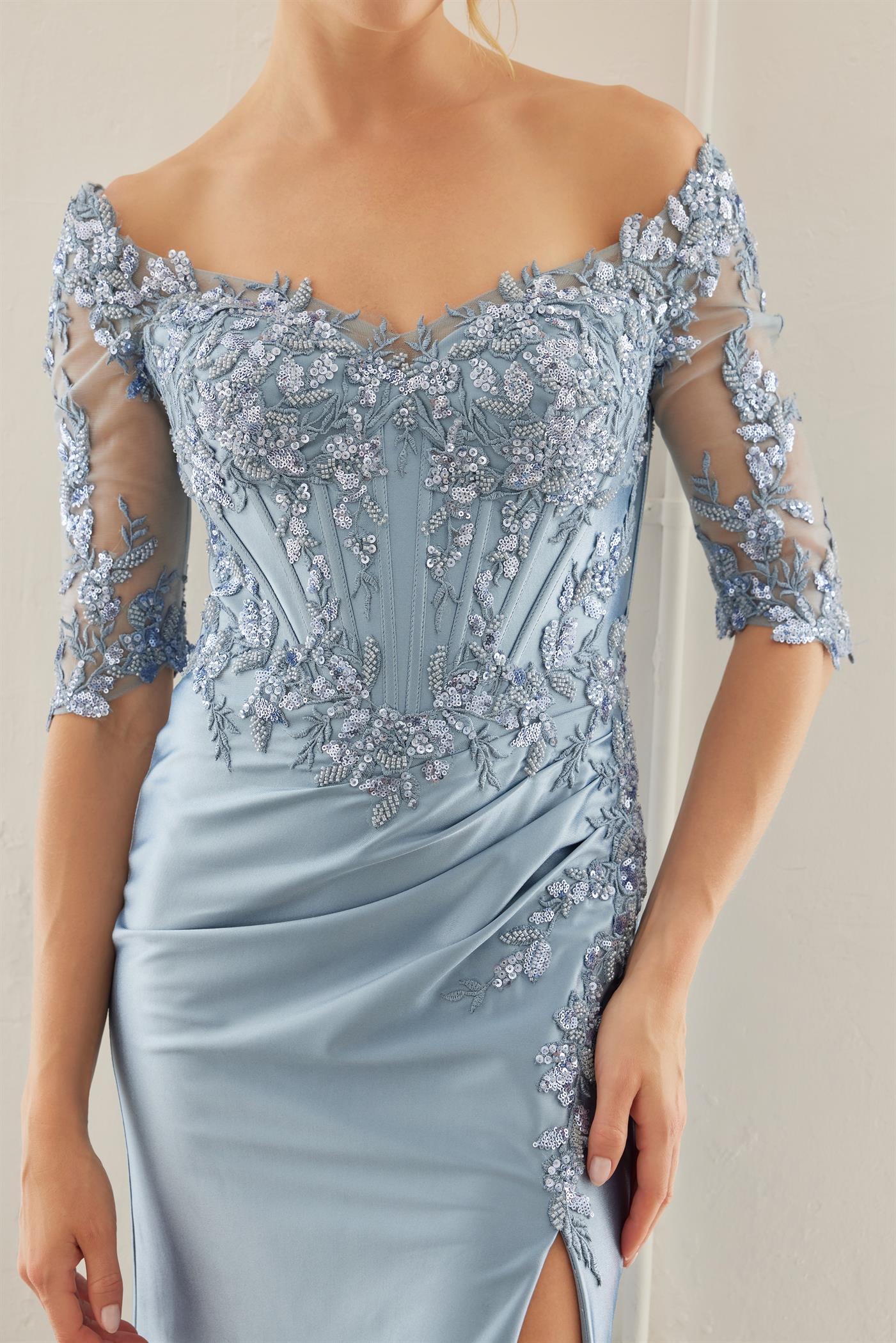 SCOOP NECKLINE AND BACK EMBROIDERED BONED WAISTLINE