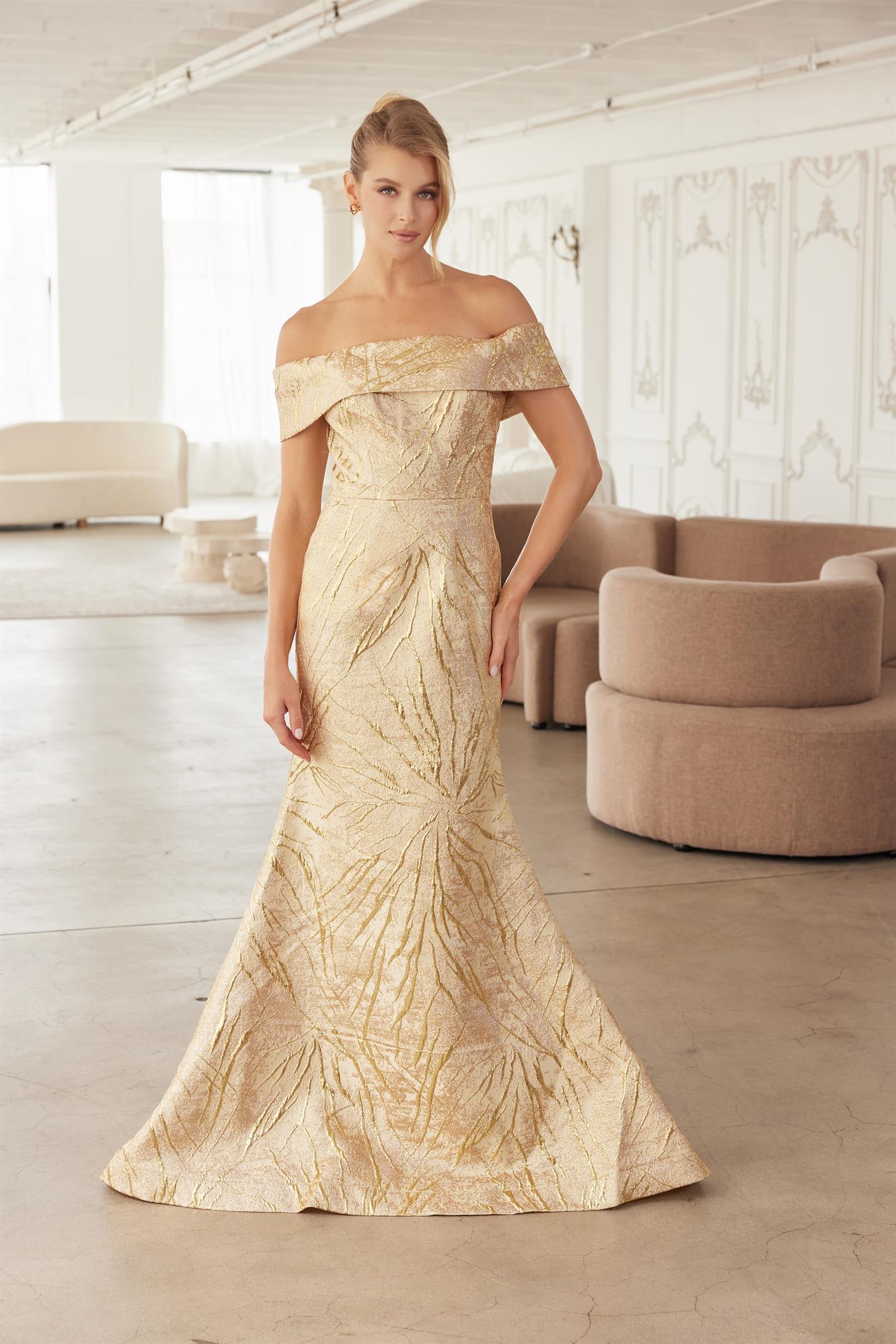 TRUMPET GOWN STRAIGHT ACROSS OFF THE SHOULDER FOLDED NECKLINE gold