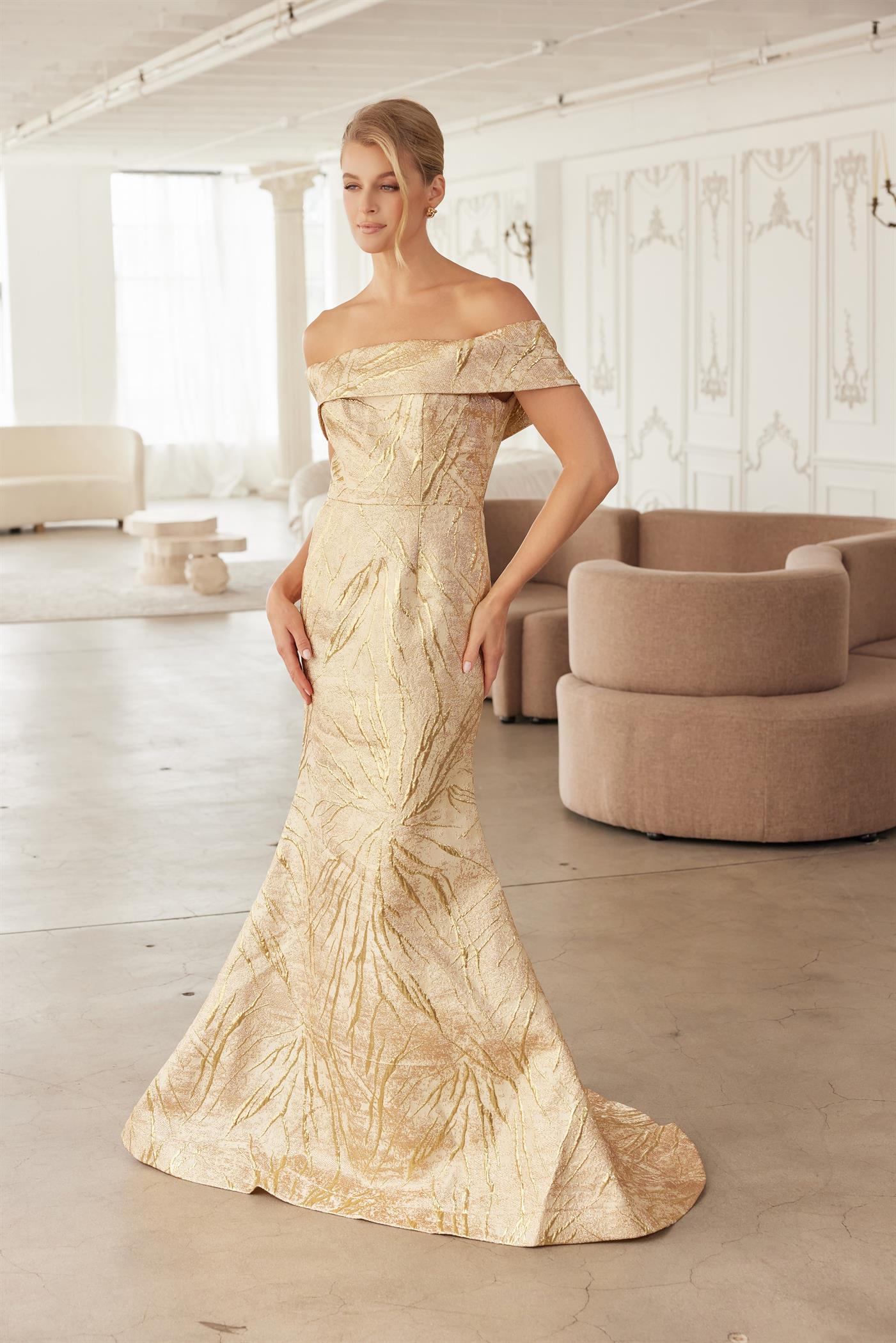 TRUMPET GOWN STRAIGHT ACROSS OFF THE SHOULDER FOLDED NECKLINE gold