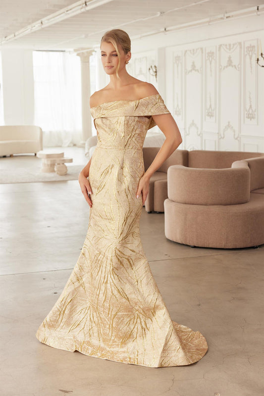 TRUMPET GOWN STRAIGHT ACROSS OFF THE SHOULDER FOLDED NECKLINE gold