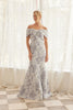 JACQUARD OFF SHOULDER TWISTED FRONT DETAIL TRUMPET SILHOUETTE