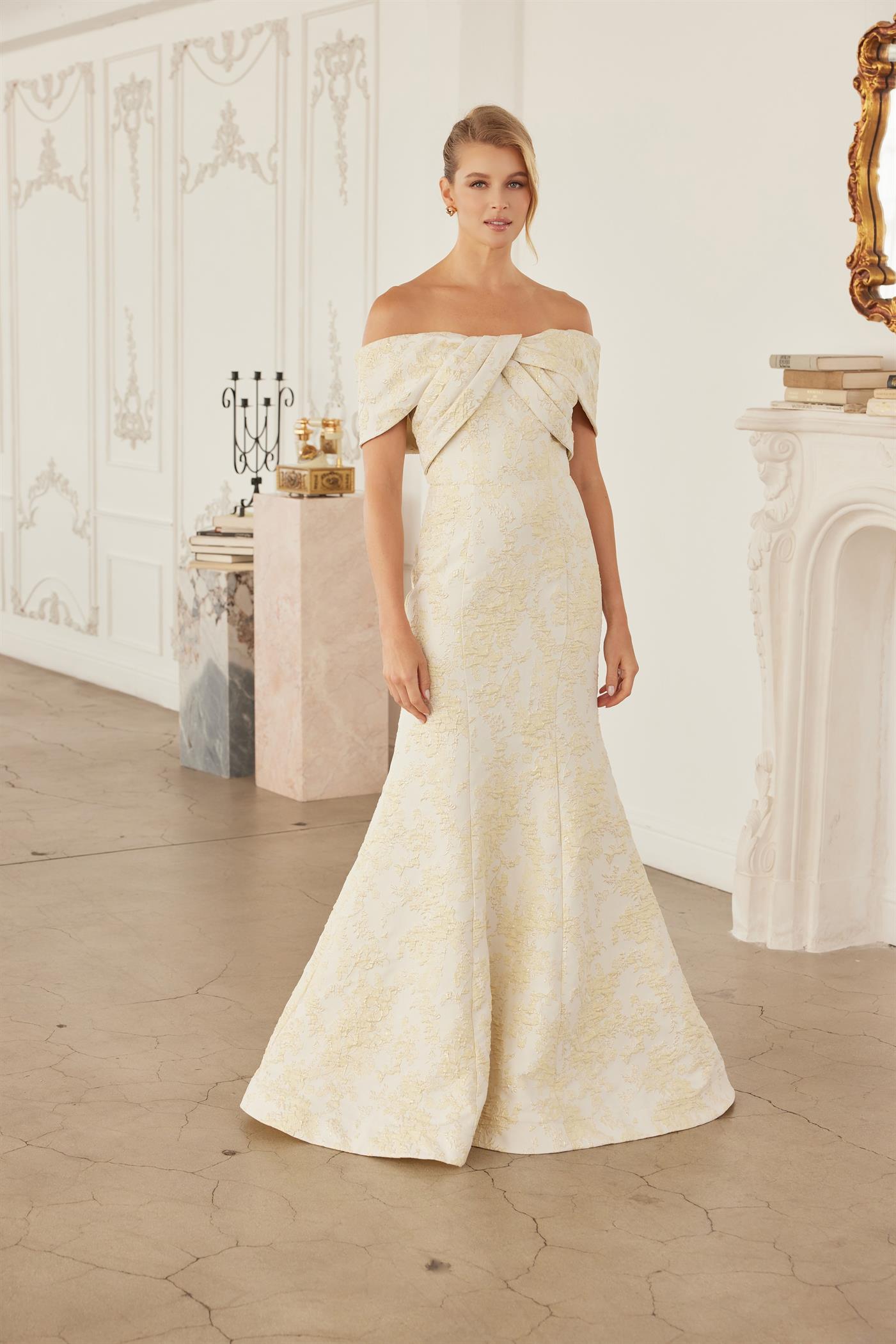 JACQUARD OFF SHOULDER TWISTED FRONT DETAIL TRUMPET SILHOUETTE