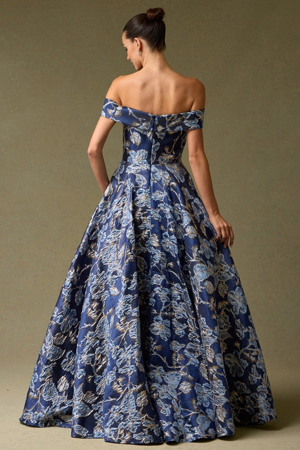 Off Shoulder Sweetheart Neckline A Line Jacquard Dress Navy Blue