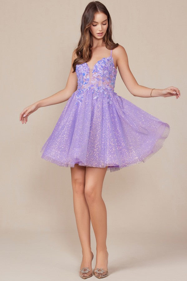 PURPLE SLEEVELESS EMBROIDERY SEQUIN GLITTER COCKTAIL DRES E901