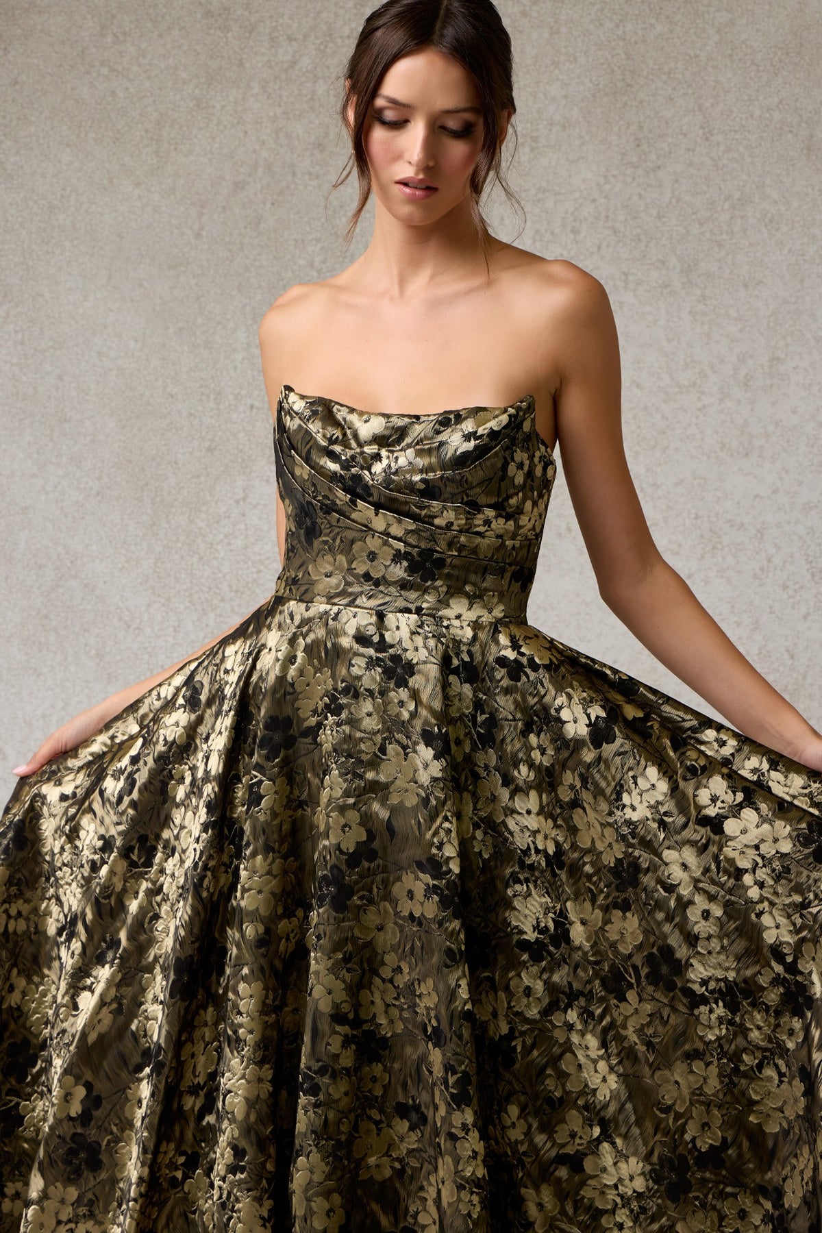 Strapless Bateau Neckline Jacquard Print Dress Black and Gold