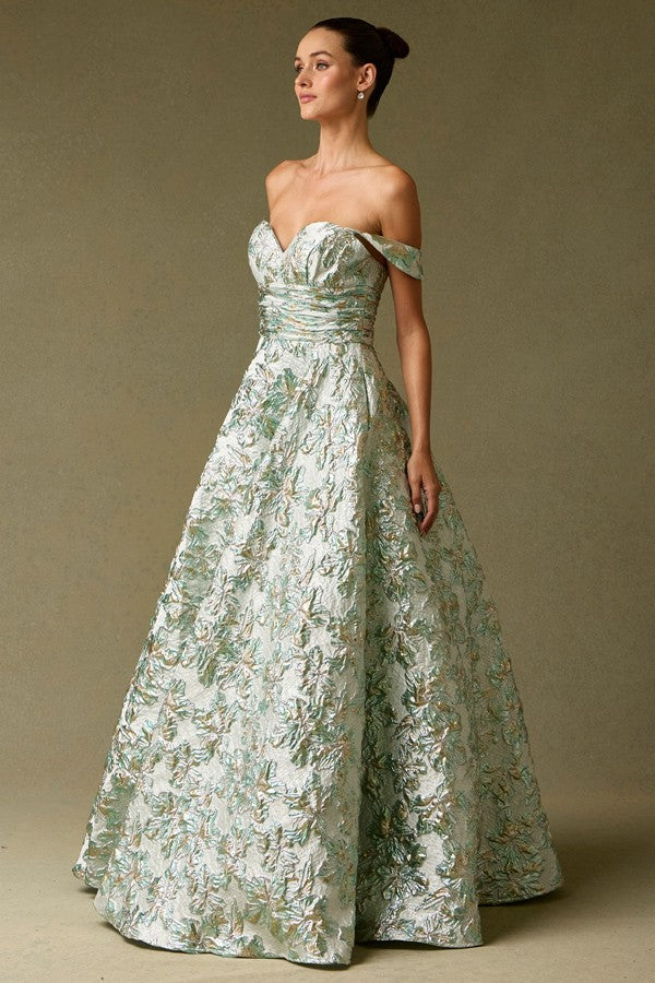 Off Shoulder Sweetheart Neck A Line Jacquard Dress with pocket Sage greeen