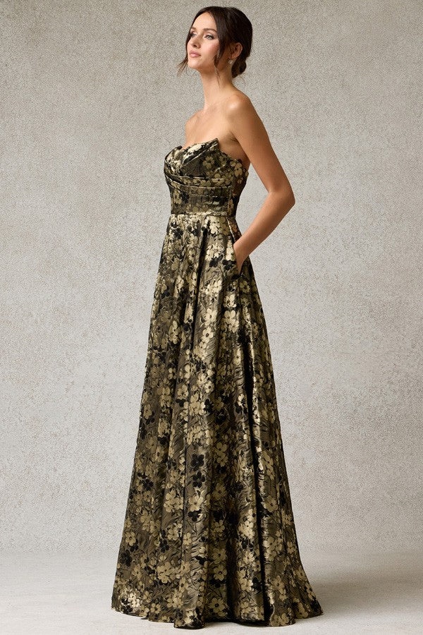 Strapless Bateau Neckline Jacquard Print Dress Black and Gold