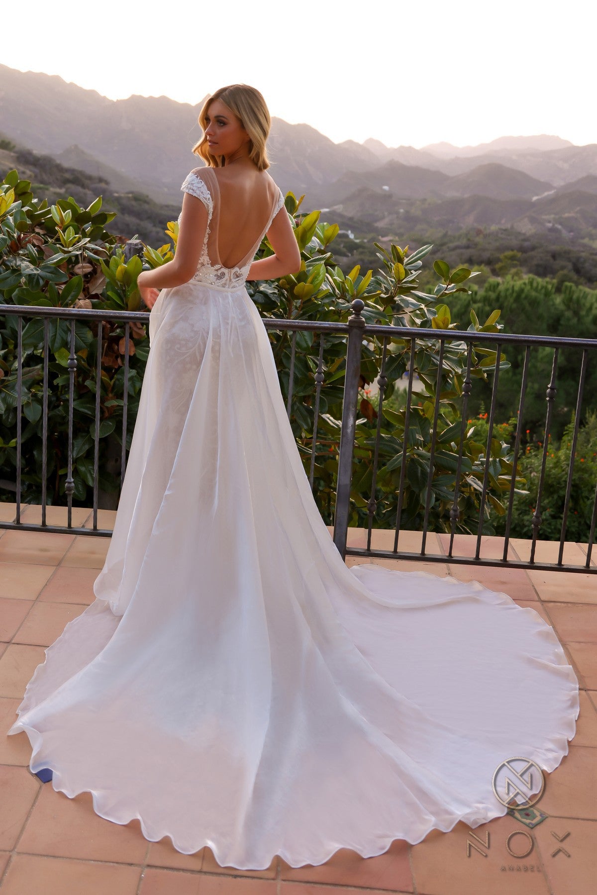 Beaded Cap Sleeve Bridal Overskirt Wedding Dress Long Beaded Cap Sleeve Bridal JE995L