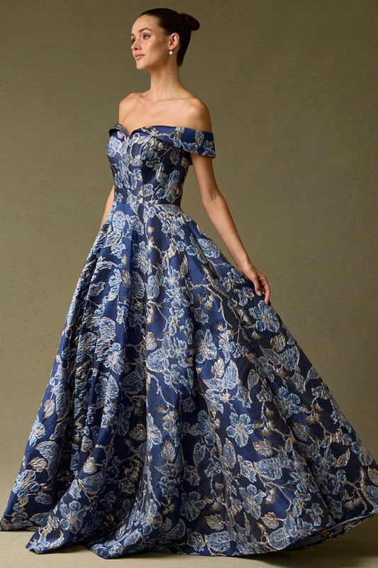 Off Shoulder Sweetheart Neckline A Line Jacquard Dress Navy Blue