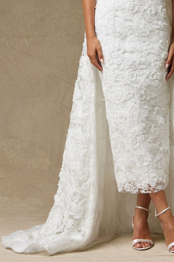 Romantic Tea-length Sheath Wedding Dress W/ Overskirt  SRW2562M-W-MIDI