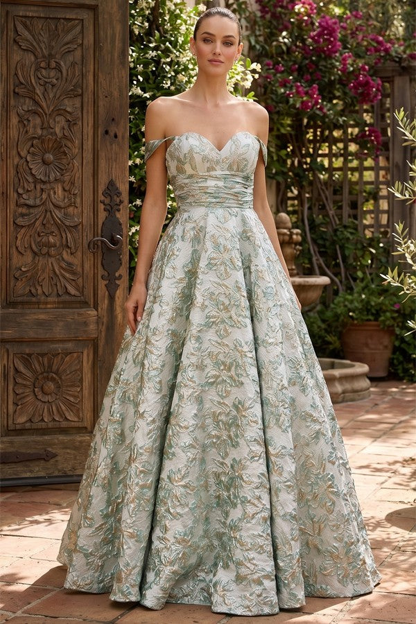 Off Shoulder Sweetheart Neck A Line Jacquard Dress with pocket Sage greeen