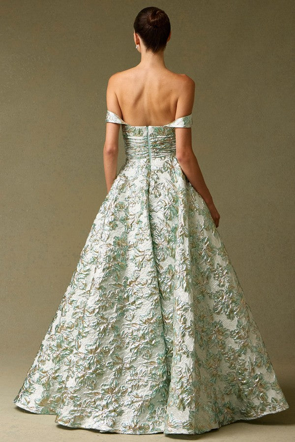 Off Shoulder Sweetheart Neck A Line Jacquard Dress with pocket Sage greeen