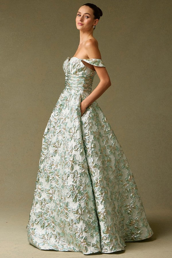 Off Shoulder Sweetheart Neck A Line Jacquard Dress with pocket Sage greeen