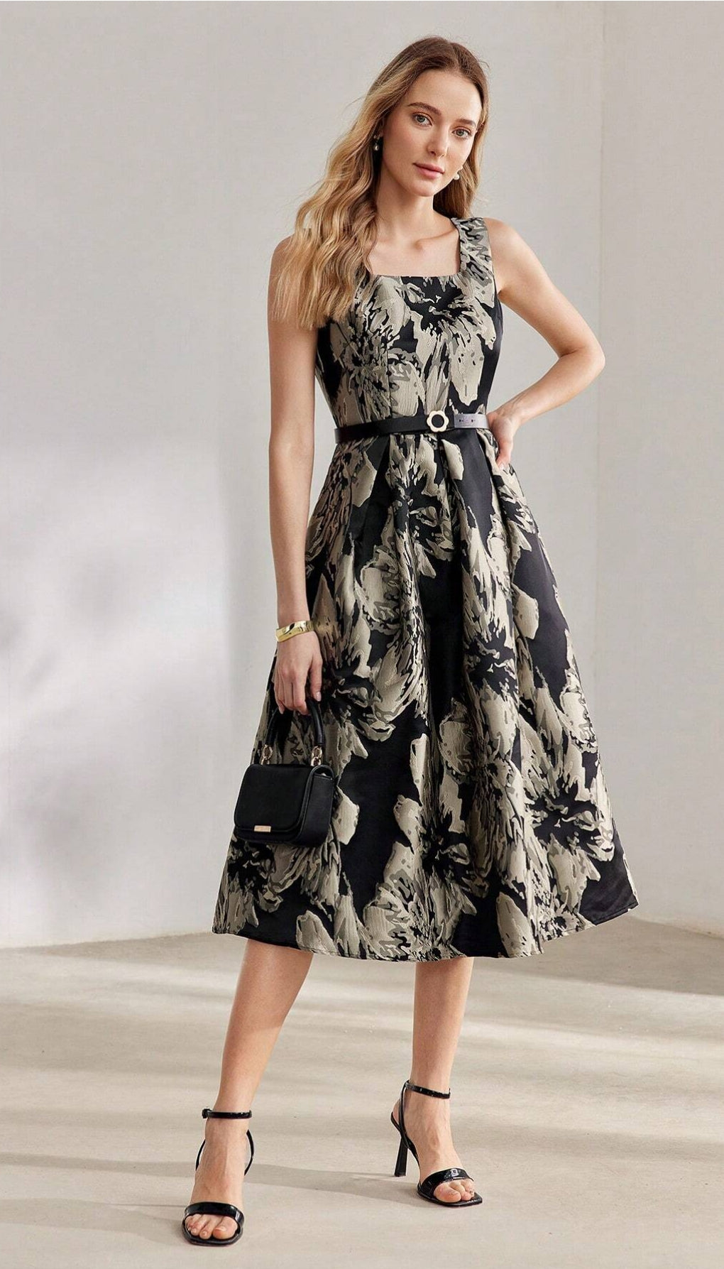 Black and Silver Brocaded Floral Dress