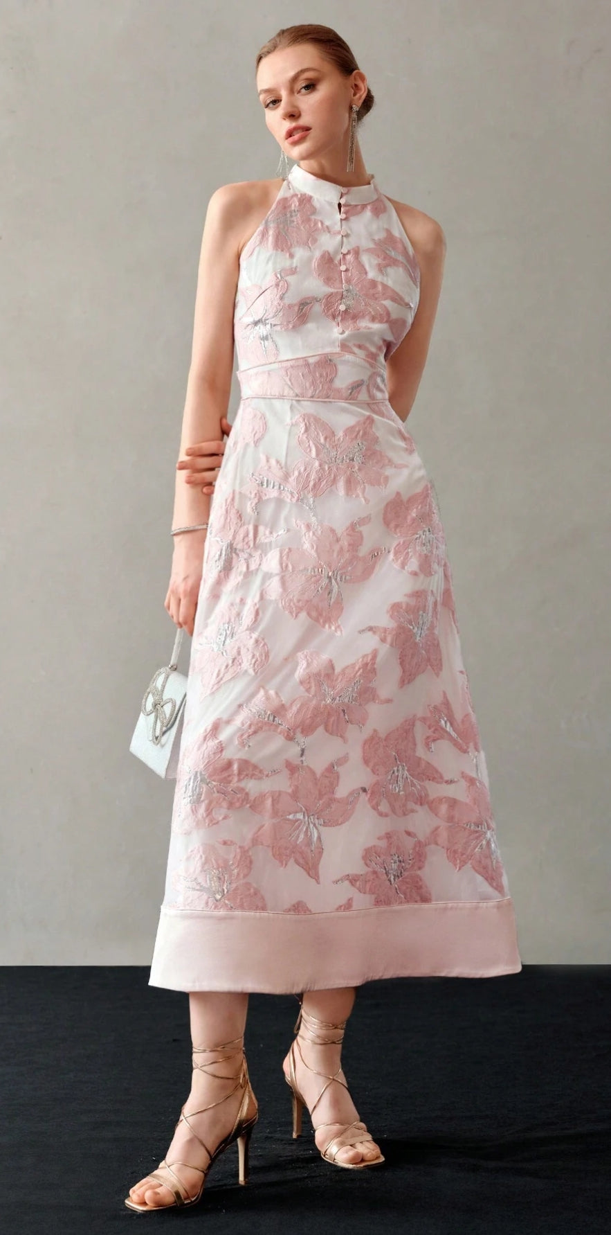 Halter Neck Brocade Pink Flower Dress