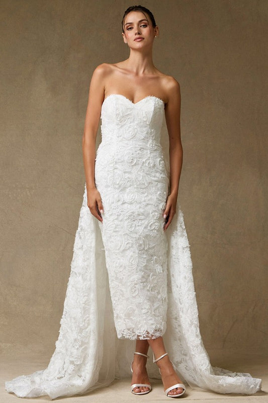 Romantic Tea-length Sheath Wedding Dress W/ Overskirt  SRW2562M-W-MIDI