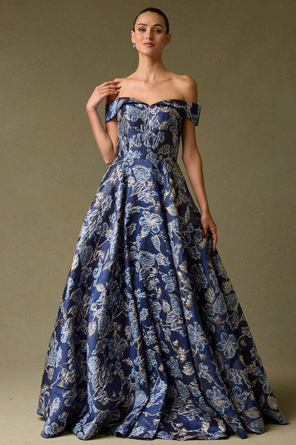Off Shoulder Sweetheart Neckline A Line Jacquard Dress Navy Blue
