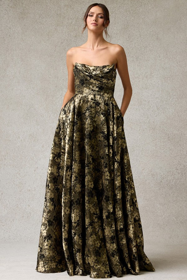 Strapless Bateau Neckline Jacquard Print Dress Black and Gold