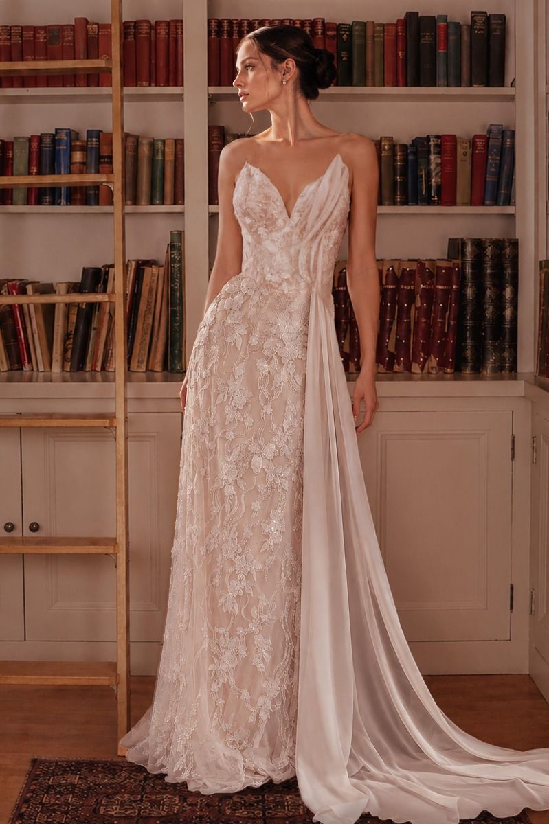 Plunging sweetheart neckline with illusion inset, floral lace appliqué