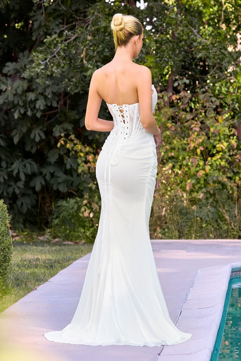 Beaded lace appliqué over illusion corsetry with soft chiffon skirt