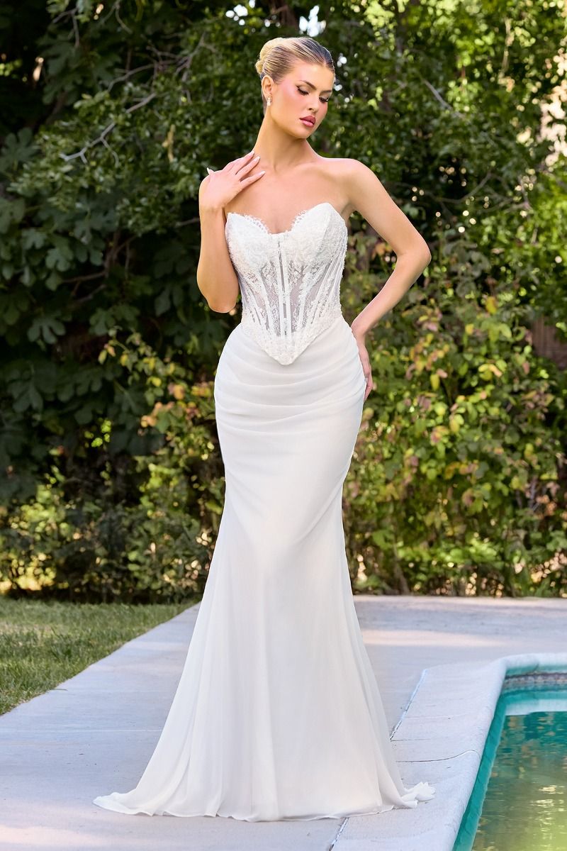 Beaded lace appliqué over illusion corsetry with soft chiffon skirt