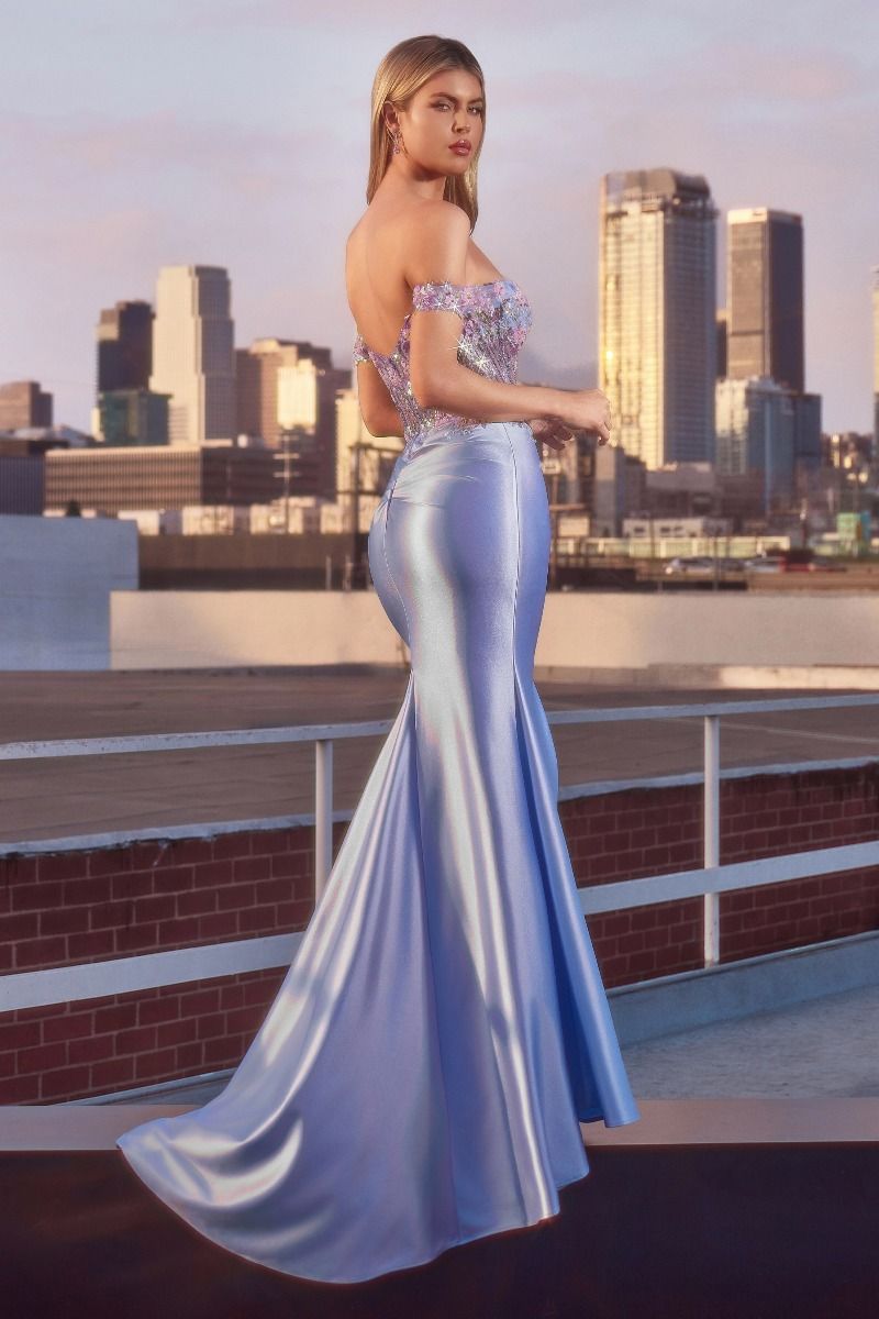 CD745 OFF THE SHOULDER FLORAL BEADED & SATIN GOWN