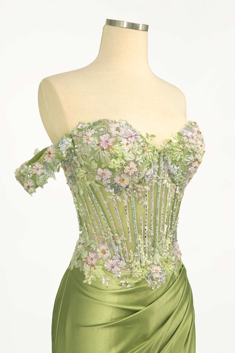 CD745 OFF THE SHOULDER FLORAL BEADED & SATIN GOWN