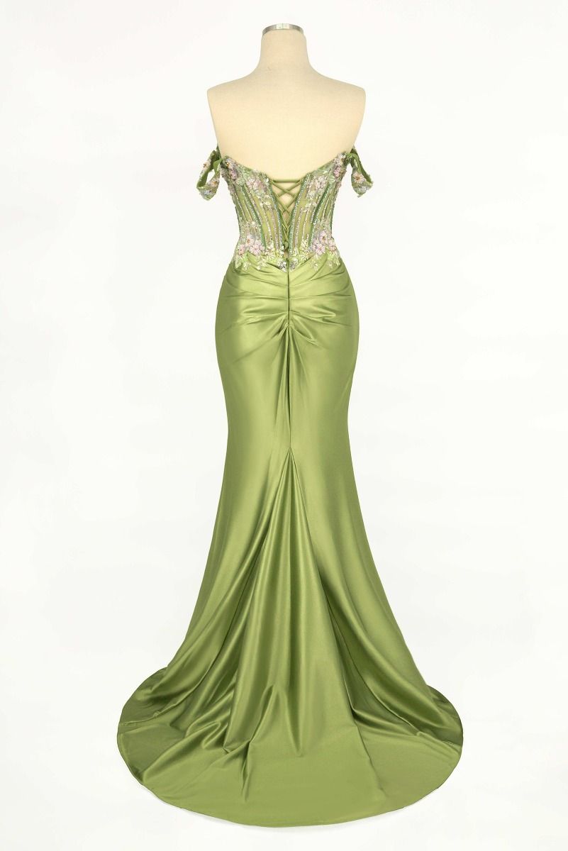 CD745 OFF THE SHOULDER FLORAL BEADED & SATIN GOWN