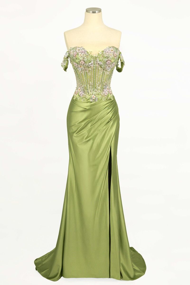 CD745 OFF THE SHOULDER FLORAL BEADED & SATIN GOWN