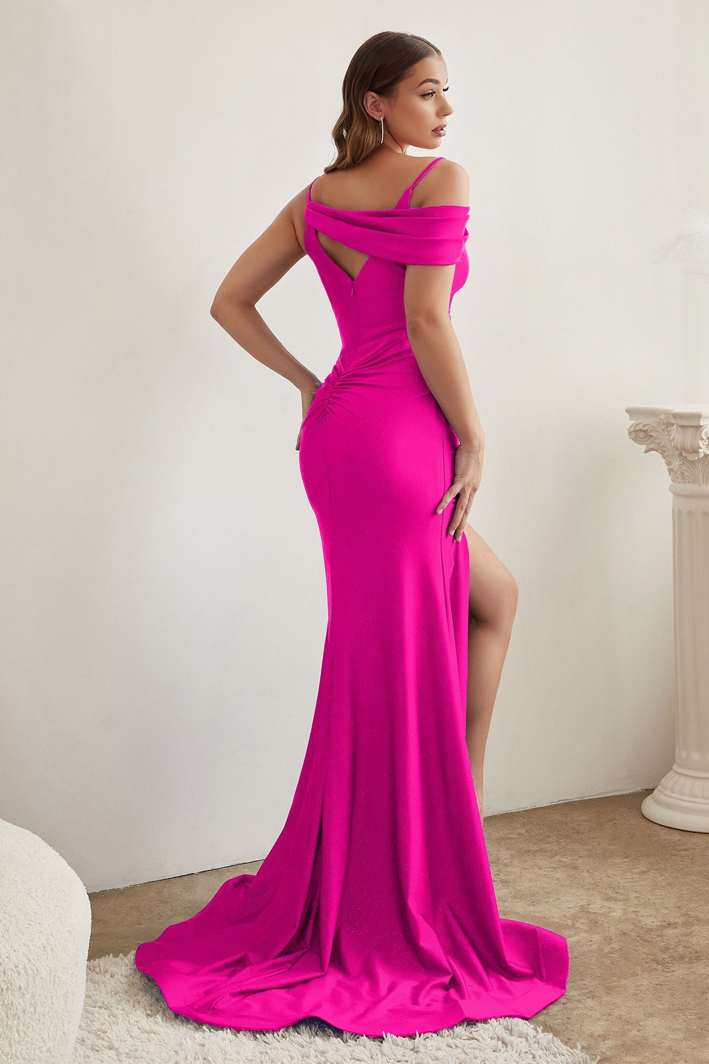 CD881 ASYMMETRICAL SHOULDER STRETCH SATIN FITTED GOWN