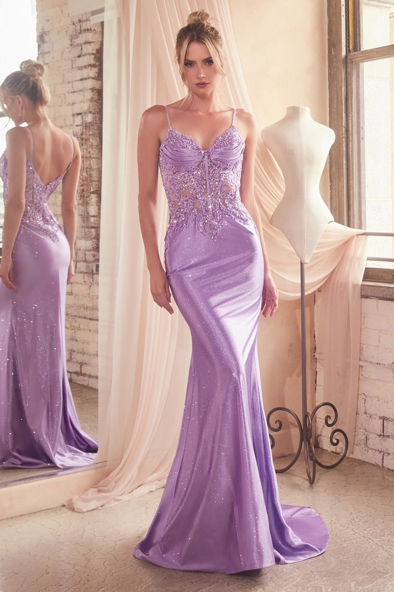 CDS450 FITTED GLITTER & LACE STRETCH SATIN GOWN