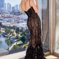 CDS494 GLITTER & FEATHER BLACK-NUDE FITTED GOWN