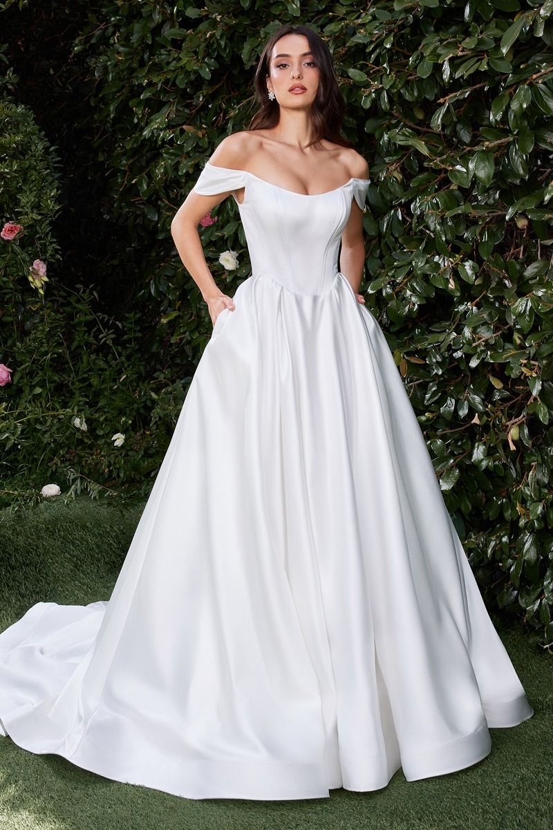 OFF THE SHOULDER SOFT SATIN BRIDAL BALL GOWN