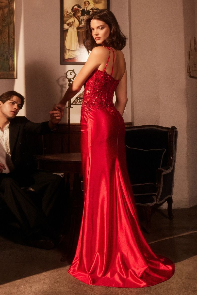 CDS535 ONE SHOULDER SATIN DRESS WITH LACE APPLIQUE