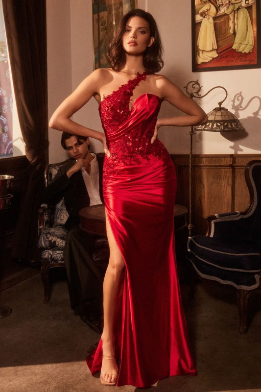 CDS535 ONE SHOULDER SATIN DRESS WITH LACE APPLIQUE