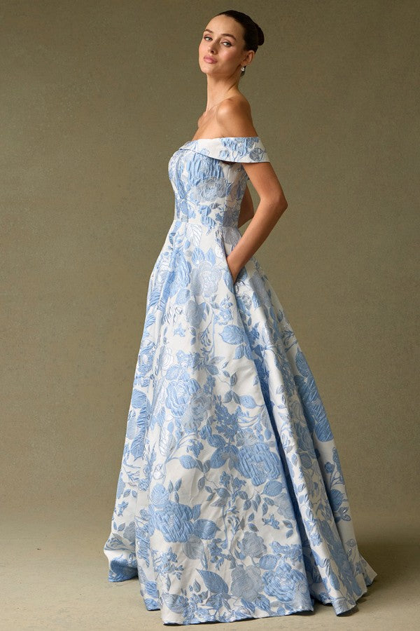 Off Shoulder Sweetheart Neckline Jacquard Dress  AN26033-JACQ