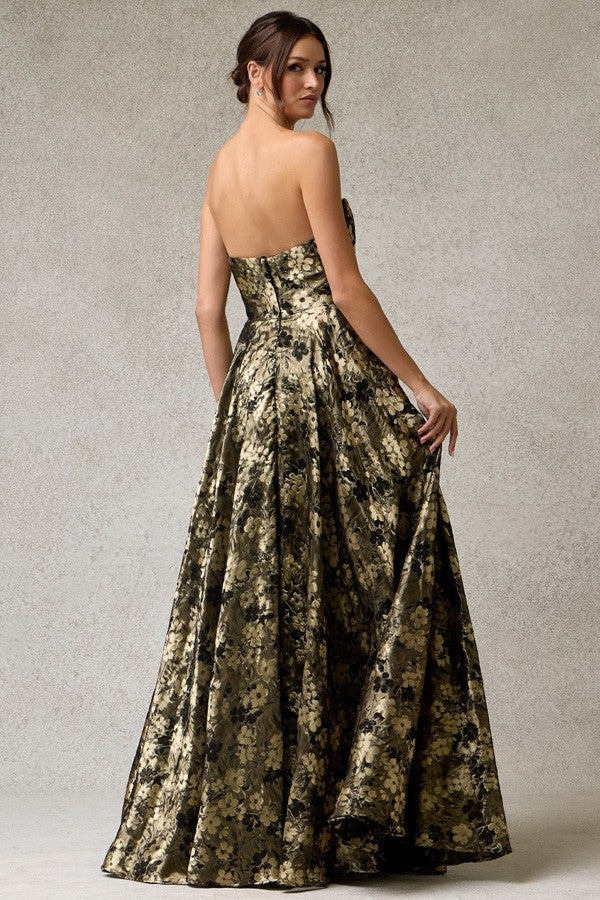 Strapless Bateau Neckline Jacquard Print Dress Black and Gold