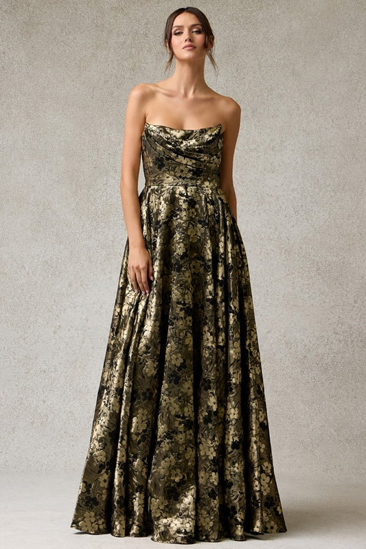 Strapless Bateau Neckline Jacquard Print Dress Black and Gold