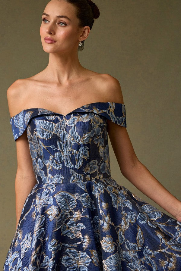 Off Shoulder Sweetheart Neckline A Line Jacquard Dress Navy Blue