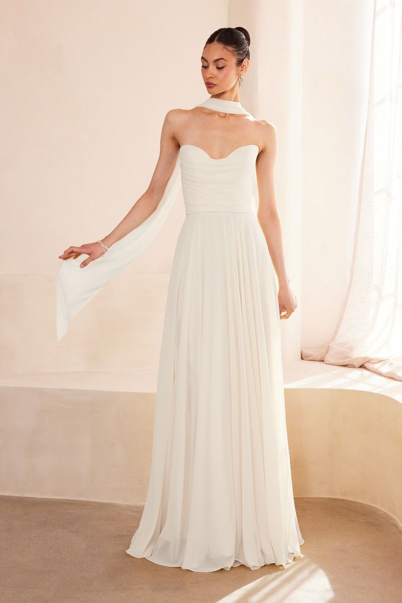 Sweetheart neckline, draped bodice & removable chiffon scarf