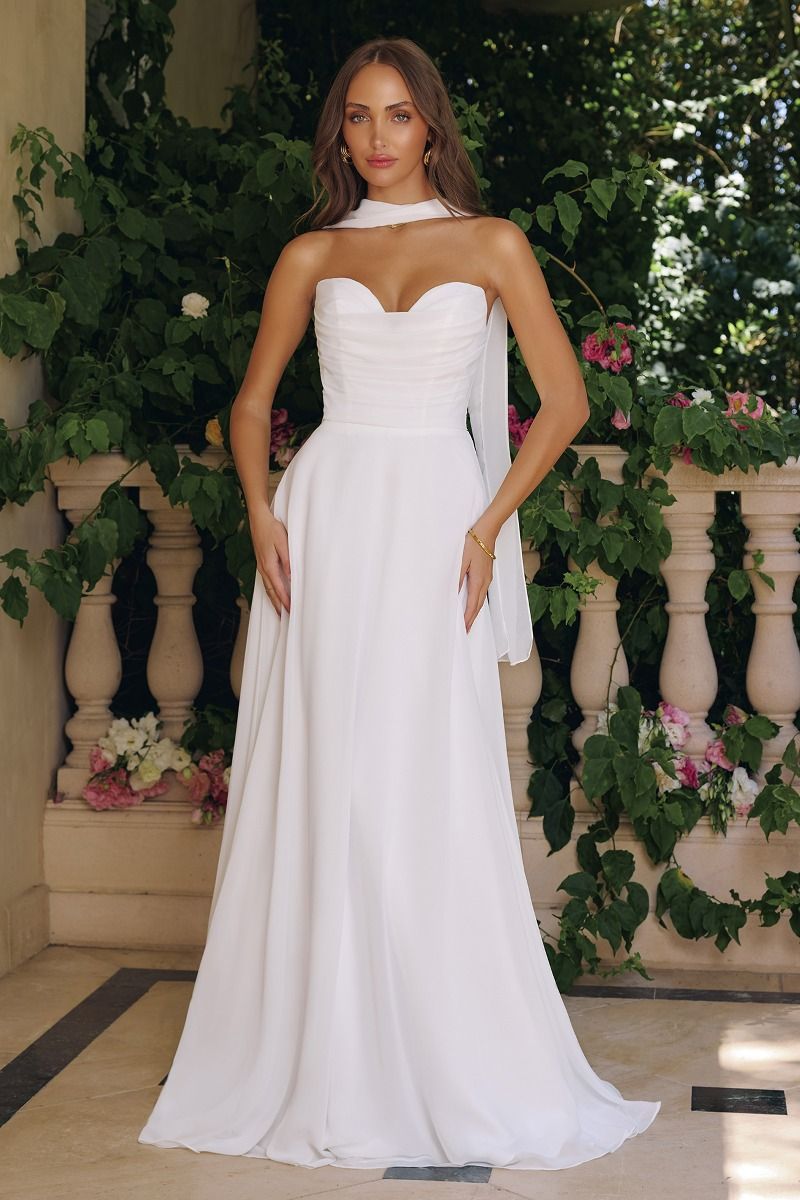 Sweetheart neckline, draped bodice & removable chiffon scarf