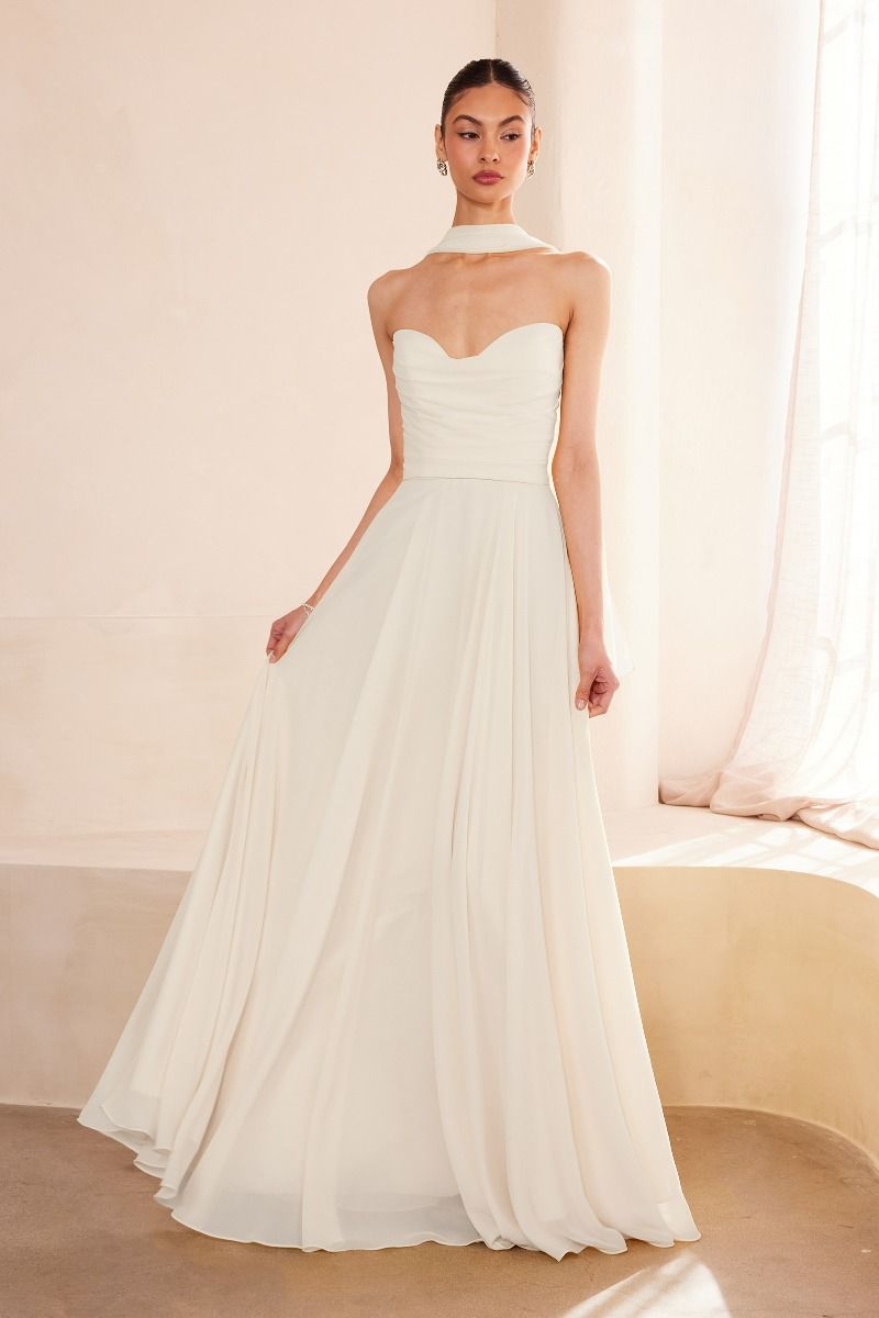 Sweetheart neckline, draped bodice & removable chiffon scarf
