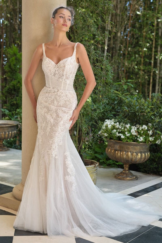 Embroidered lace overlay with tulle draping and soft train