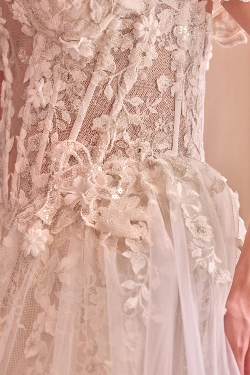 Layered tulle and lace with embroidered floral appliqué