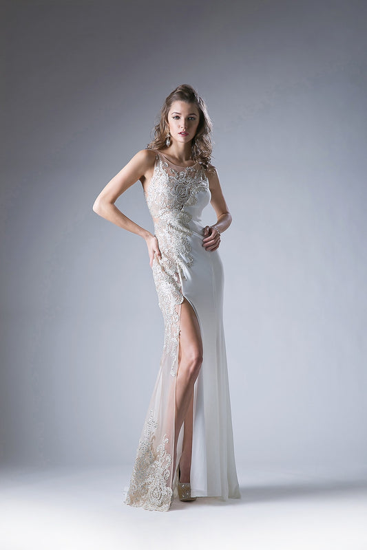 Beaded Lace Stretch Knit Sheath Gown